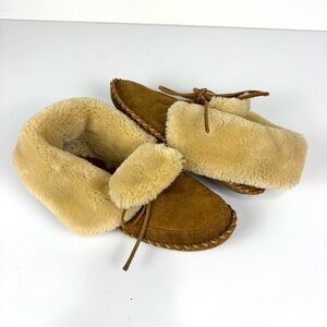 Lucky Brand Aerine Moccassin Slippers Womens 7 Tan Leather Faux Fur Lined Shoes